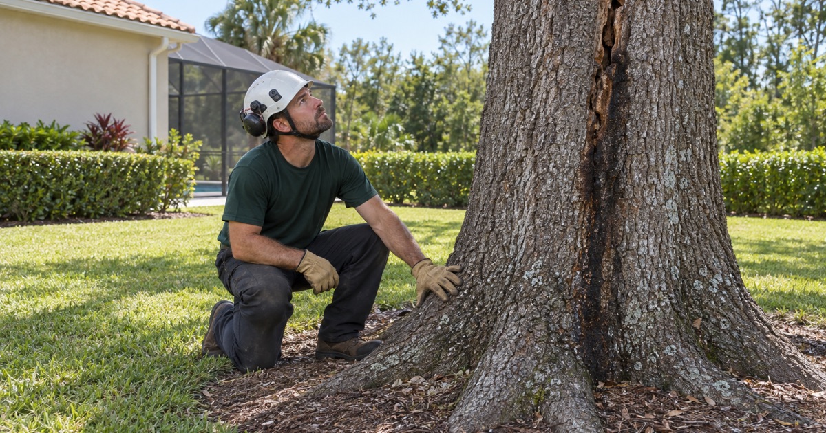 Worker at the root flare of a defective laurel oak in a Bonita Springs yard, reading a basal crack.