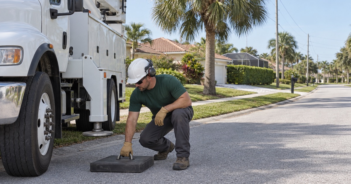 Worker bedding an outrigger pad down on a Bonita Springs street before the boom goes up.