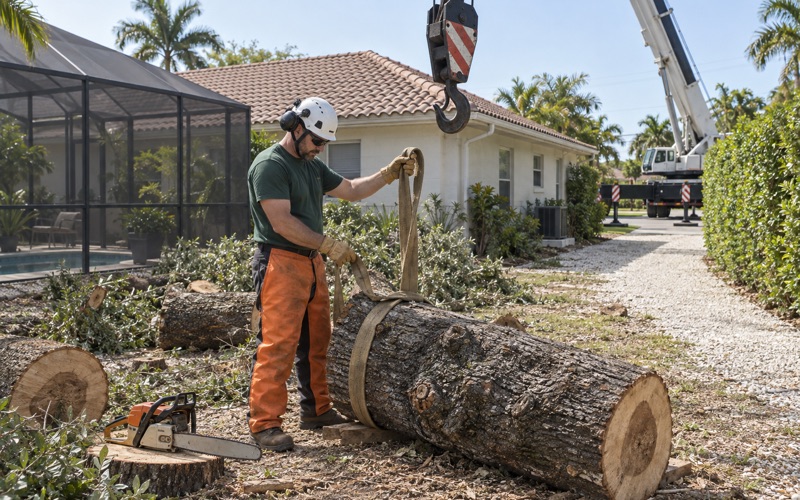 Worker dressing a choker strap on a black olive log under an empty crane hook block in Bonita Springs.