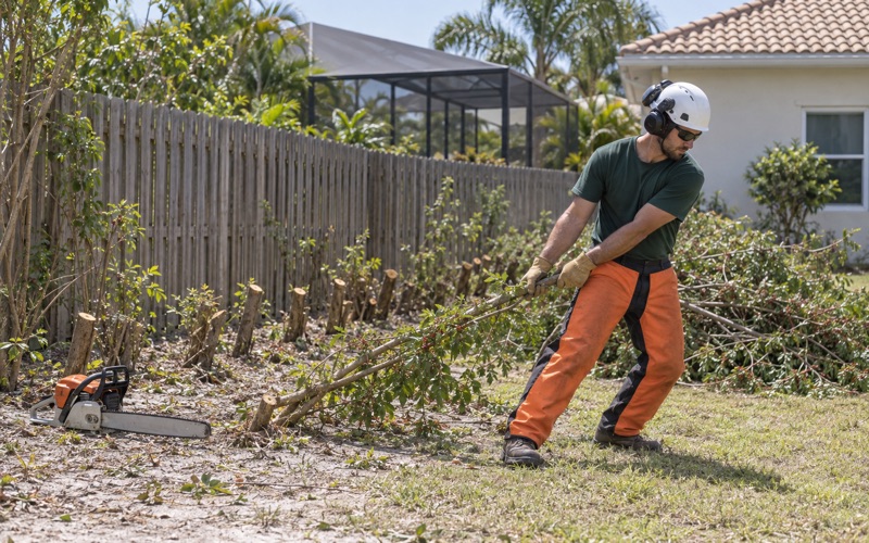 Worker pulling a cut Brazilian pepper sapling stem off its stump face on a Bonita Springs lot.