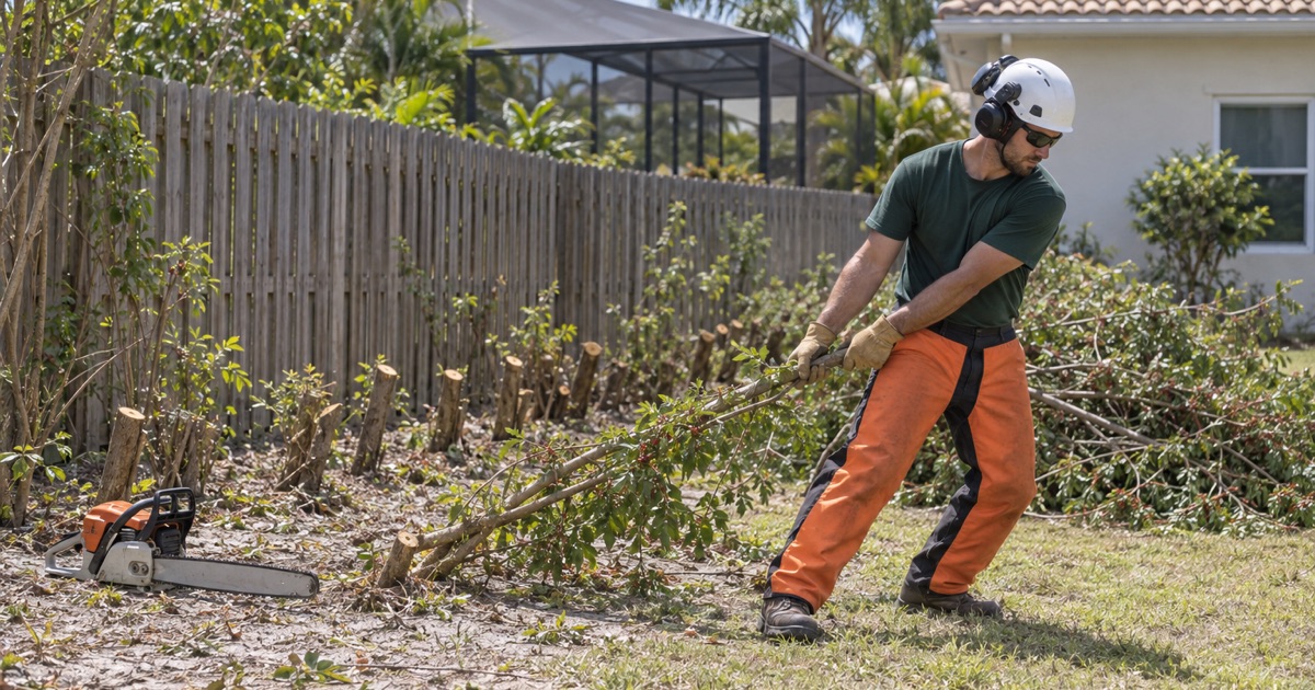 Worker pulling a cut Brazilian pepper sapling stem off its stump face on a Bonita Springs lot.