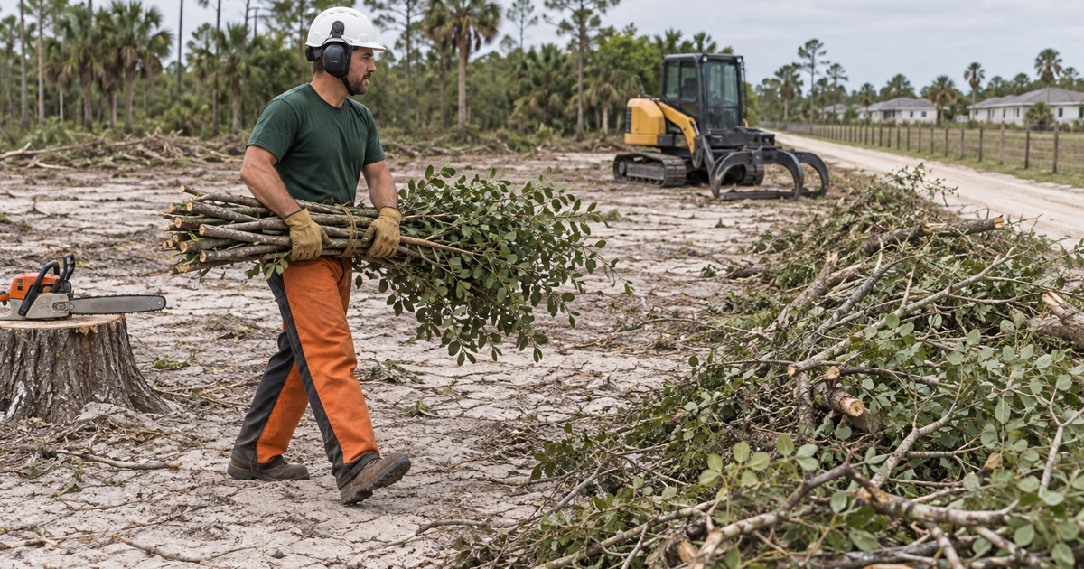 Worker carrying a bundle of cut earleaf acacia out to a windrow on a Bonita Springs clearing lot.