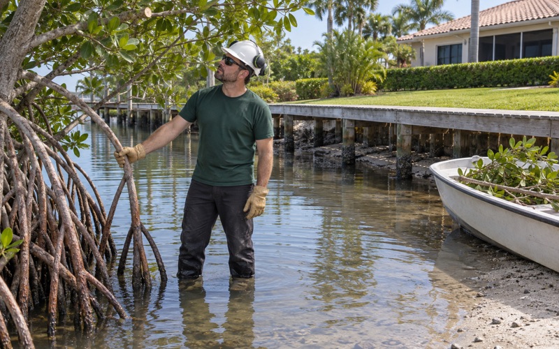 Worker steadying a red mangrove prop root at a Bonita Springs tidal shoreline while trimming back to the branch collar.