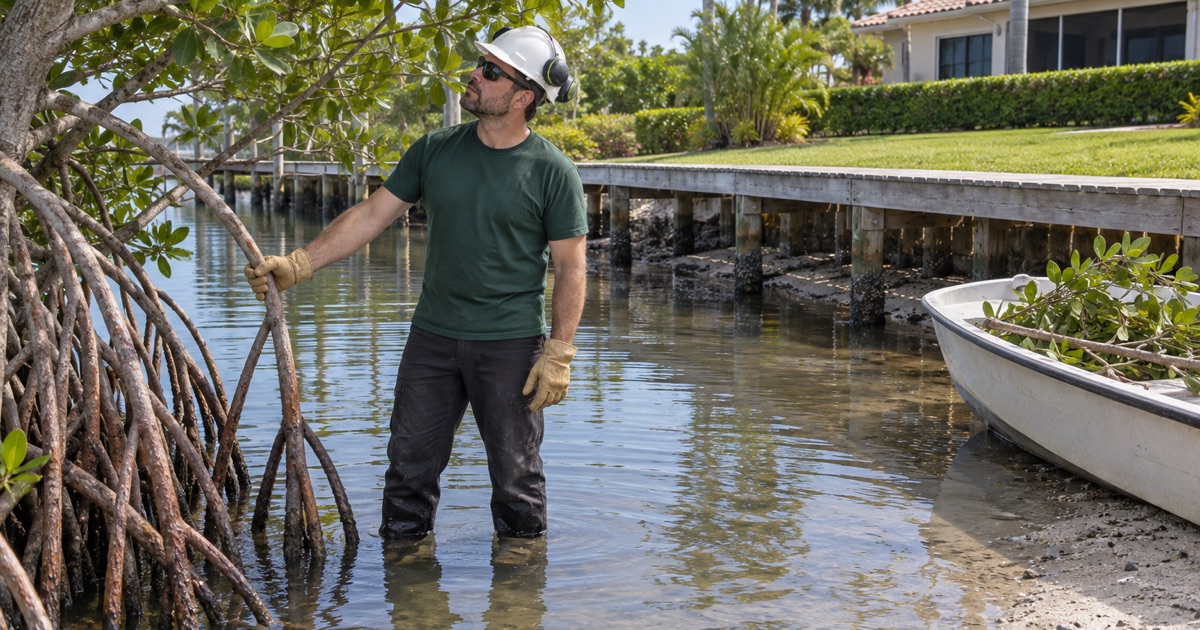 Worker steadying a red mangrove prop root at a Bonita Springs tidal shoreline while trimming back to the branch collar.