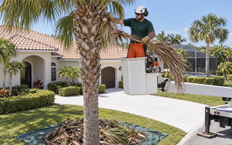Worker in a bucket cutting a cabbage palm frond at its leaf base above a Bonita Springs yard.