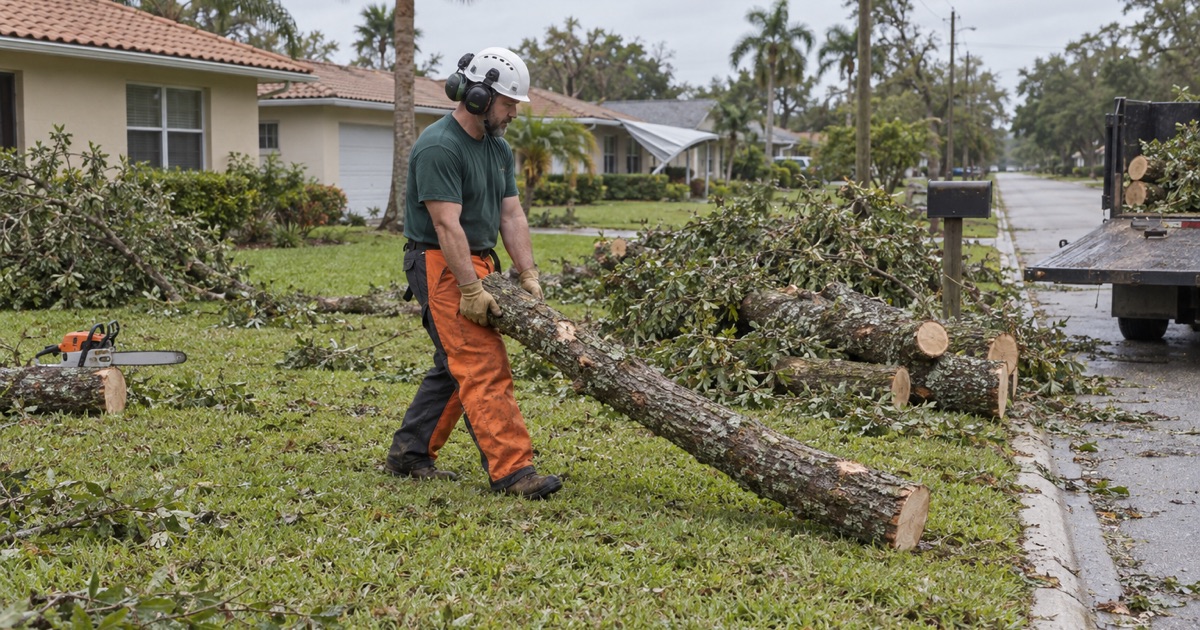 Worker walking a cut live oak log out to a storm debris windrow at a Bonita Springs verge.