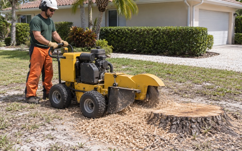 Worker sweeping a grinder wheel across a live oak stump face on pale Bonita Springs sand.