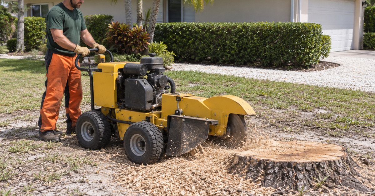 Worker sweeping a grinder wheel across a live oak stump face on pale Bonita Springs sand.