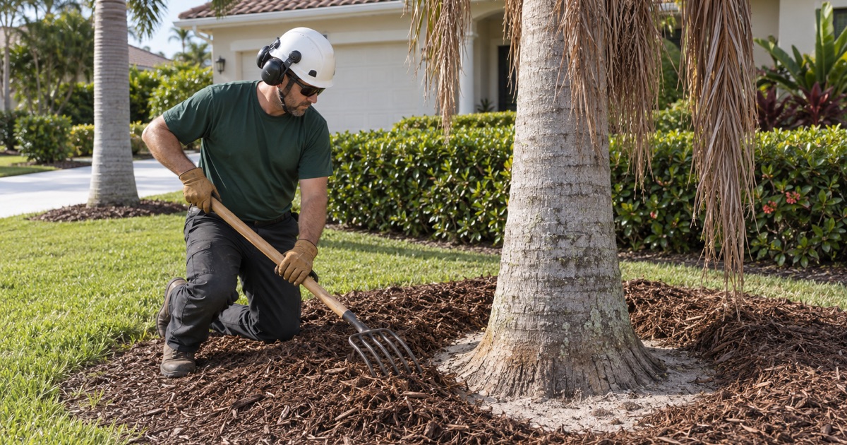 Worker drawing an over-deep mulch ring back off the root flare of a declining royal palm in Bonita Springs.