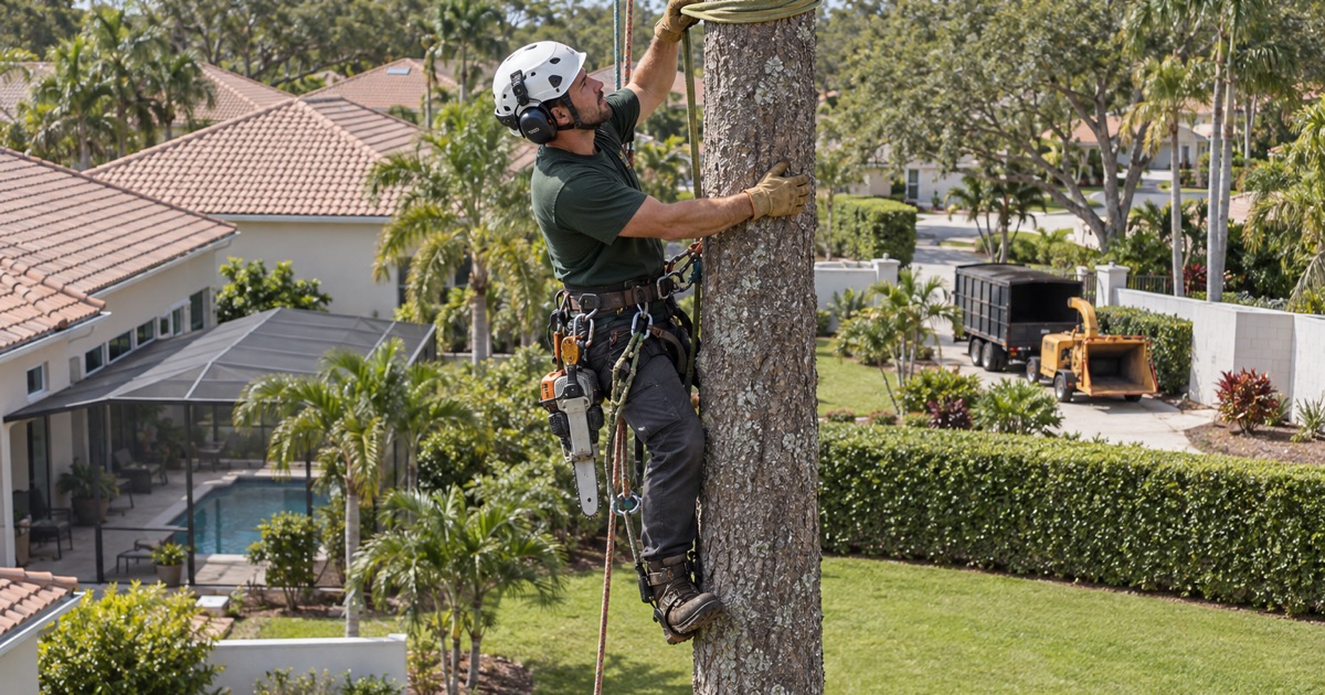 Climber setting an anchor sling high on a laurel oak spar above a Bonita Springs back yard.