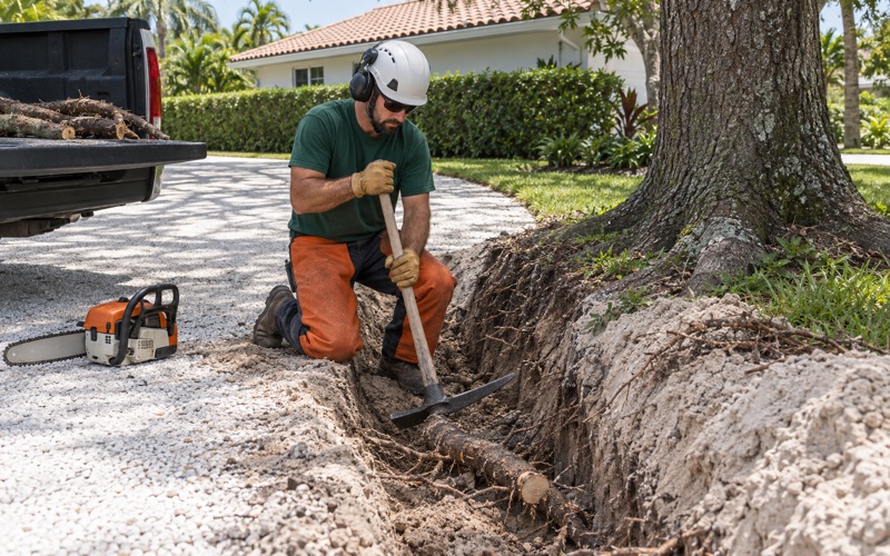 Worker breaking out a severed live oak surface root beside a lifted Bonita Springs shell drive.