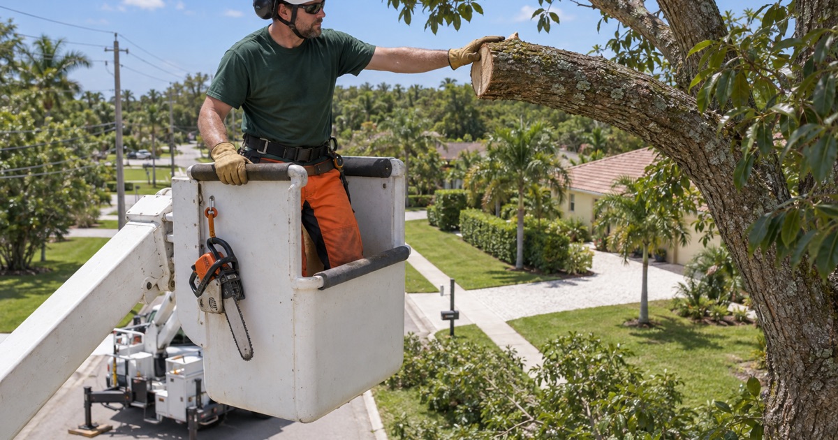 Worker in a bucket making a mahogany cut at the branch collar over a Bonita Springs street.