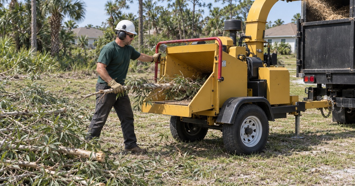 Worker feeding a melaleuca limb into a chipper infeed chute from the side on a Bonita Springs lot.